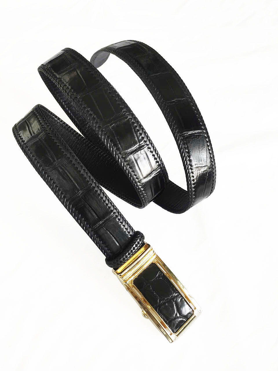 Thắt lưng da cá sấu nam đan viền 3.5F màu đen D3166